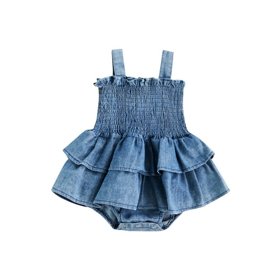 Liacowi Baby Girls Summer Denim Rompers Newborn Girls Casual Sleeveless Strap Elastic Layered Romper Jumpsuits Dress