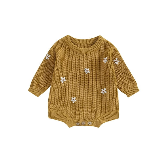 Liacowi Baby Girls Sweatshirts Rompers Flower Embroidery Crew Neck Long Sleeve Knit Onesies Infant Fall Jumpsuits Newborn Casual One Piece Bodysuits 0-24M