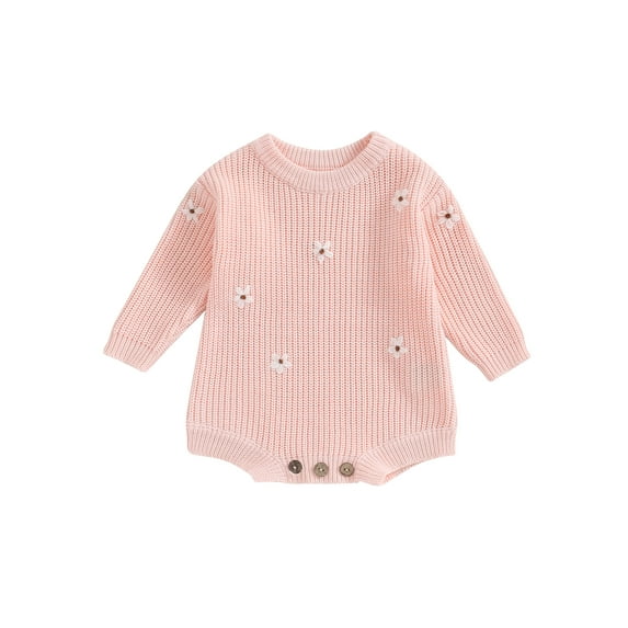 Liacowi Baby Girls Sweatshirts Rompers Flower Embroidery Crew Neck Long Sleeve Knit s Infant Fall Jumpsuits Newborn Casual One Piece Bodysuits 0-24M
