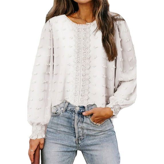 Liacowi Female Blouse Solid Color Round Neck Long Balloon Sleeve Jacquard Tops Pullover for Spring Fall