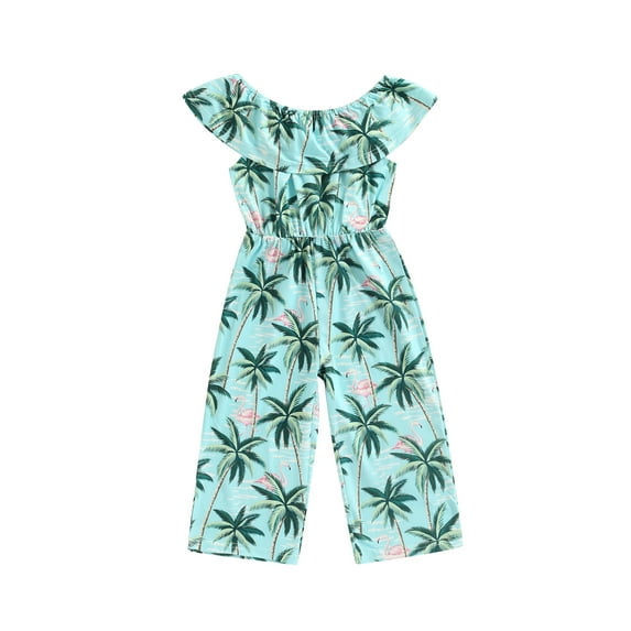 Liacowi Girls Casual Summer Jumpsuit, Leaves and Flamingo Print Boat Neck Overalls, Green Pink/ Green Rosy/ Light Blue