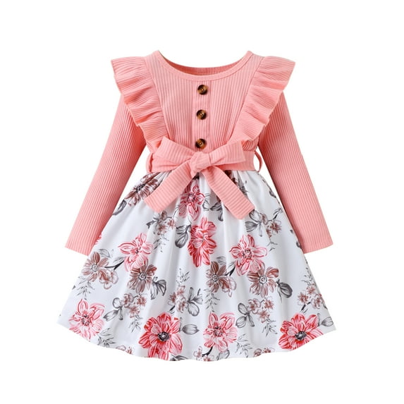 Liacowi Girls Patchwork Dress Ribbed Flying Sleeve Knit Flower Print Mini Dress Casual Round Neck Dress
