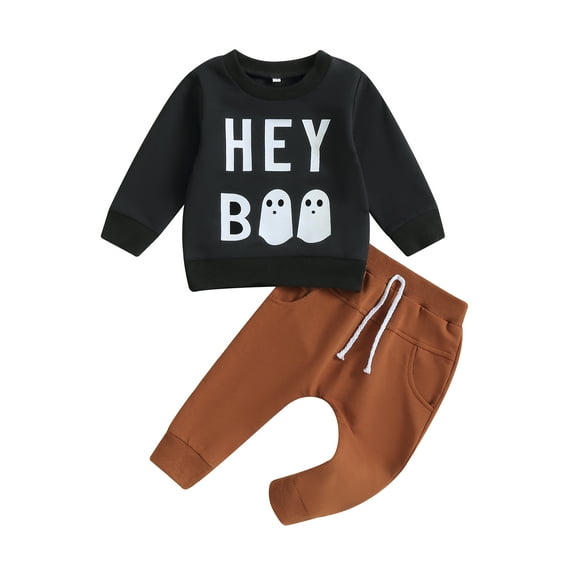 Liacowi Halloween Baby Boy Clothes Letter Ghost Print Sweatshirt Pullover Top Drawstring Pants 6M 12M 18M 24M 3T Toddler Boy 2Pcs Fall Winter Outfits