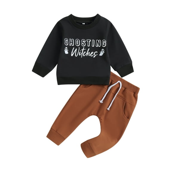 Liacowi Halloween Baby Boy Clothes Letter Ghost Print Sweatshirt Pullover Top Drawstring Pants 6M 12M 18M 24M 3T Toddler Boy 2Pcs Fall Winter Outfits