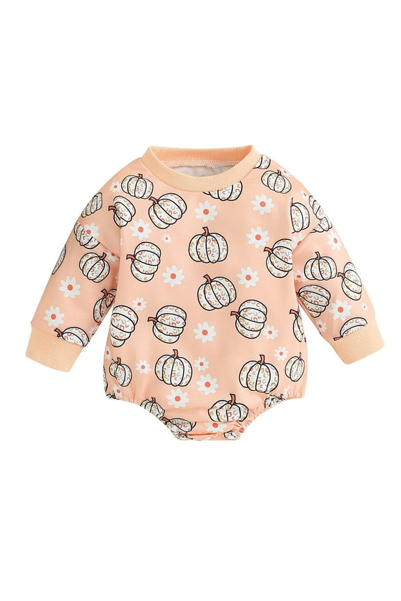 Infant Baby Girl Halloween Clothes Long Sleeve Floral Pumpkin Print Bodysuit Romper Newborn Onesie Playsuit Fall Halloween Costume 0-3 Months