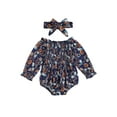 thumbnail image 1 of Liacowi Infant Baby Girl Halloween Outfits Newborn 2PCS Fall Clothes Off Shoulder Long Sleeve Pumpkin Print Romper + Bow Headband, 1 of 9
