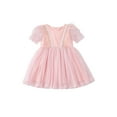 thumbnail image 1 of Liacowi Infant Baby Girl Ruffle Puff Sleeve Princess Toddler Tutu Dress with Feather Trim Lace Patchwork Layered Tulle Dress For Party, 1 of 9
