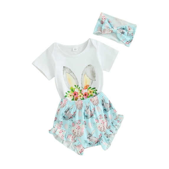Liacowi Infant Baby Girls Easter Outfits Short Sleeve Letter Rabbit Print Romper + Ruffle Shorts + Headband Set 3Pcs Newborn Summer Clothes Set