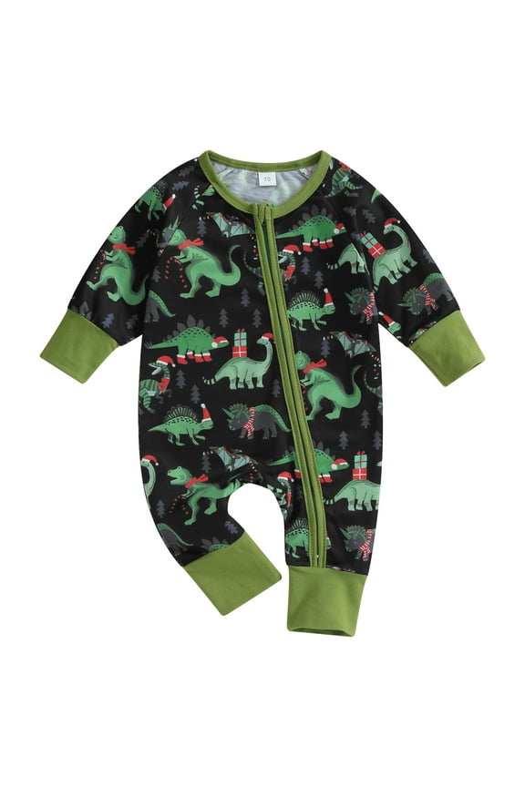 Infant Boys Girls Jumpsuit Baby Christmas Clothes Newborn Long Sleeve Round Neck Footless Romper Dinosaur Print Zip Front Bodysuits 0-18M