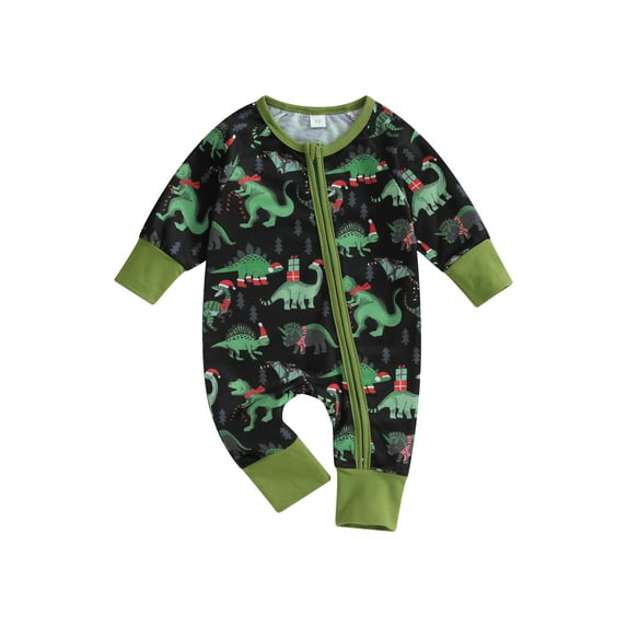 Liacowi Infant Boys Girls Jumpsuit Baby Christmas Clothes Newborn Long Sleeve Round Neck Footless Romper Dinosaur Print Zip Front Bodysuits 0-18M