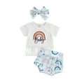 thumbnail image 1 of Liacowi Infant Girl Short Sleeve Tops + Shorts + Bow Headband Tassel Letter Cow / Camouflage / Rainbow Clothing Outfits Set, 1 of 9