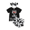 thumbnail image 1 of Liacowi Infant Girl Short Sleeve Tops + Shorts + Bow Headband Tassel Letter Cow / Camouflage / Rainbow Clothing Outfits Set, 1 of 9