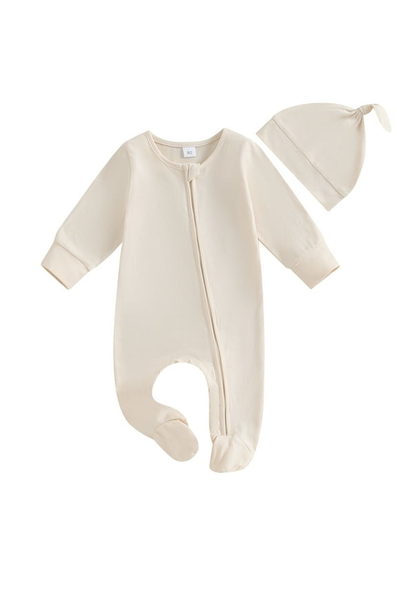 Infant Girls Boys Footies Rompers Baby Girls Boys Clothes Solid Color Crew Neck Long Sleeve Zipper Jumpsuits Newborn Fall Bodysuits + Hat