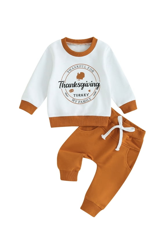 Infant Newborn Baby Boys Thanksgiving Outfits Set Long Sleeve Turkey Print Sweatshirt Drawstring Pants Sets 3M 6M 12M 18M 3T Toddler Boys 2 Piece Fall Winter Clothes