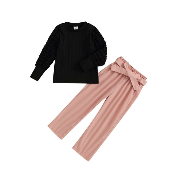 Liacowi Kids Girl Fall Outfits Solid Color Crew Neck Long Bubble Sleeve Tops Elastic Waist Pants with Belt 2Pcs Clothes Set