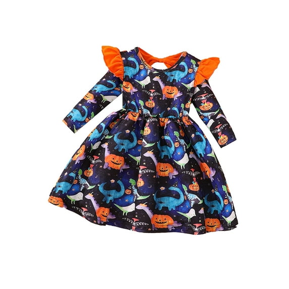 Liacowi Kids Girls Halloween Outfit 2 3 4 5 6 7 Years Long Sleeve Back Hollow-Out Ghost Pumpkin Dinosaur Print Princess Dress Little Girls Halloween Party Costume