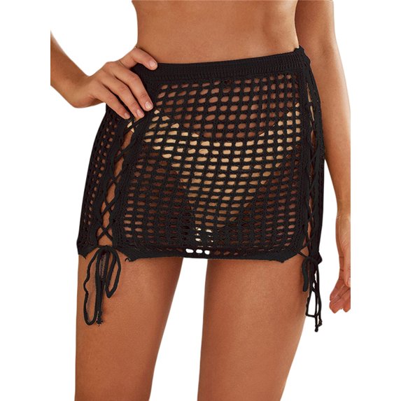 Liacowi Ladies Summer Short Beach Overskirt, Women Solid Color Mesh Perspective High Waist Tie Up Bust Skirt Bikini Cover-Up Skirt,S-XL