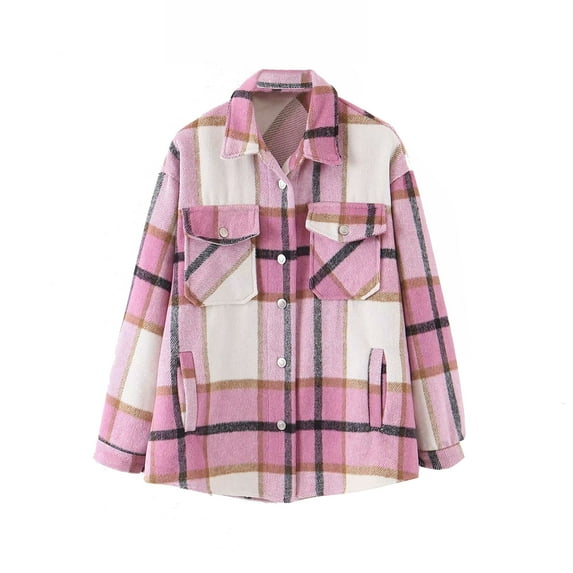 Liacowi Liacowi Women Plaid Button Down Jacket, Casual Long Sleeve Loose Coat Lapel Outwear with Pocket