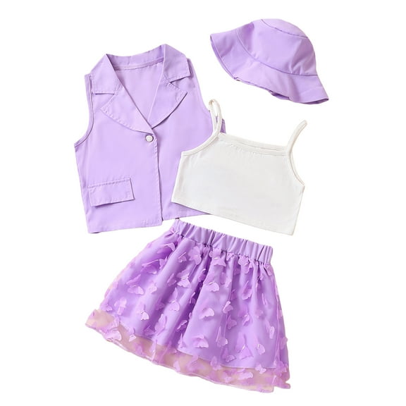 Liacowi Little Girl 4 Piece Outfit Kids Girls Summer Clothes Sleeveless Camisole + Butterfly Skirt + Button Vest Coat + Cute Hat Set 3-8 Years