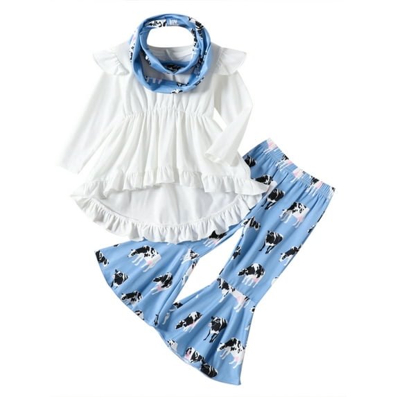 Liacowi Little Girls Pants Set Flying Sleeve Ruffles Trim Shirt and Cow Print Flared Pants Headband 1T 2T 3T 4T 5T 6T Toddler Kids Fall Clothes