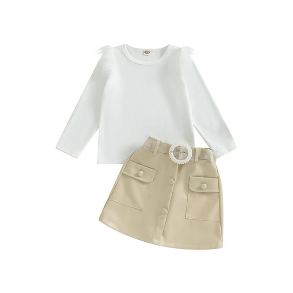 Liacowi Little Girls Skirt Set Kids Girls Long Sleeve Round Neck Solid Color Tops + PU Leather Mini Skirt Toddler Girls Birthday Party Clothes