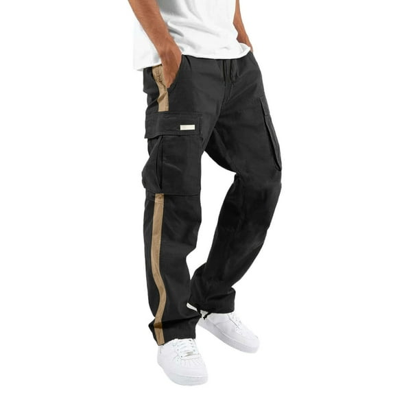 Liacowi Men Baggy Pants Drawstring Waistband Contrast Color Cargo Pants Multiple Pockets Jogger Pants