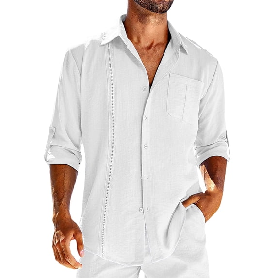 Liacowi Men Casual Shirt Solid Color Jacquard Tops Long Sleeve Button Loose Blouse