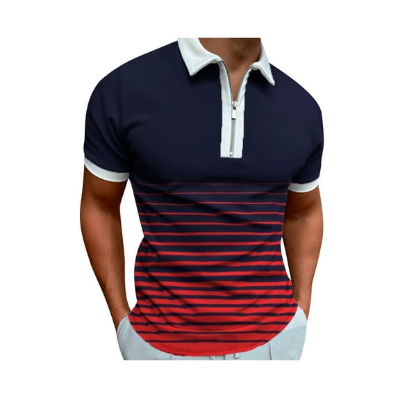 Liacowi Men Casual Tops, Short Sleeve Stripe Printed Patchwork Slim Fit Zipper Polo Shirt