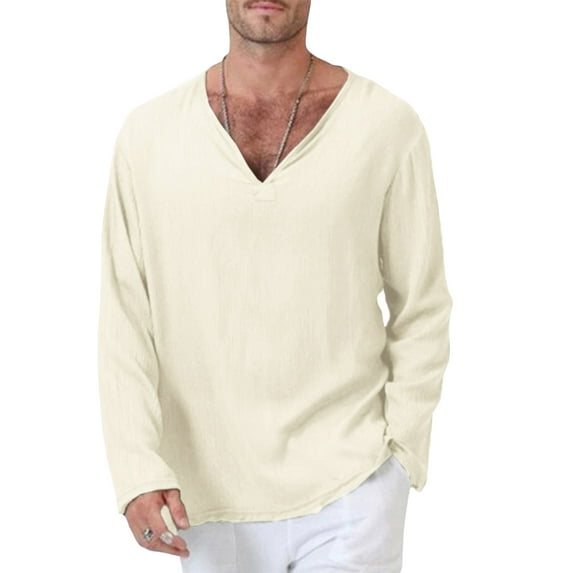 Liacowi Men Long Sleeve T-Shirts Solid Color V-Neck Ethnic Style Tops Spring Fall Fhion Cual Loose Shirts
