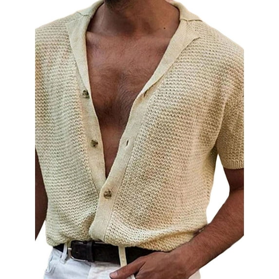 Liacowi Men Summer Knit Tops Cual Short Sleeve Lapel Collar Button Down Shirts Solid Color Tops