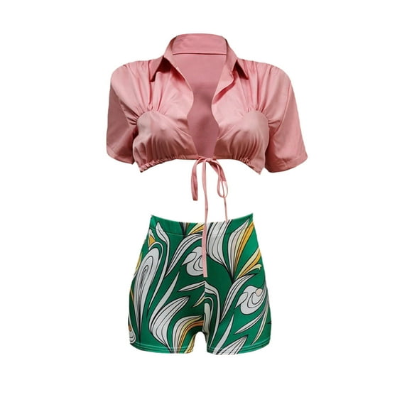 Liacowi Sexy Two Piece Set for Women Shirt and Shorts Set Short Sleeve Tie-up Cardigan and Print Short Pants Summer Tracksuit