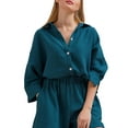 thumbnail image 1 of Liacowi Short Sets for Women 2 Piece Outfits Casual Cotton Linen Long Sleeve Shirts and High Waist Shorts Loose Loungewear, 1 of 4