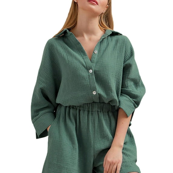 Liacowi Short Sets for Women 2 Piece Outfits Casual Cotton Linen Long Sleeve Shirts and High Waist Shorts Loose Loungewear