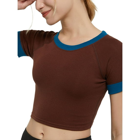 Liacowi Short Sleeve Workout Tops for Women Crew Neck Contrast Color Summer Crop Top for Running Yoga Fitness Tee