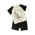 thumbnail image 1 of Liacowi Toddler Baby Boy Summer Clothes Short Sleeve Letters Print T-shirt with Elastic Waist Shorts 2Pcs Beach Shorts Set, 1 of 9
