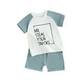 thumbnail image 1 of Liacowi Toddler Baby Boy Summer Clothes Short Sleeve Letters Print T-shirt with Elastic Waist Shorts 2Pcs Beach Shorts Set, 1 of 9
