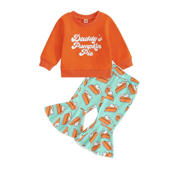Liacowi Toddler Baby Girl Thanksgiving Clothes Letter Round Neck Long Sleeve Pullover Top Pie Pattern Flare Pants 6M 12M 18M 2T 3T 4T Kids Outfit