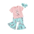 thumbnail image 1 of Liacowi Toddler Baby Girls Easter Clothes Set Bunny Print Short Sleeve T-shirt with Flare Pants Headband 3PCS Kids Summer Outfits, 1 of 9