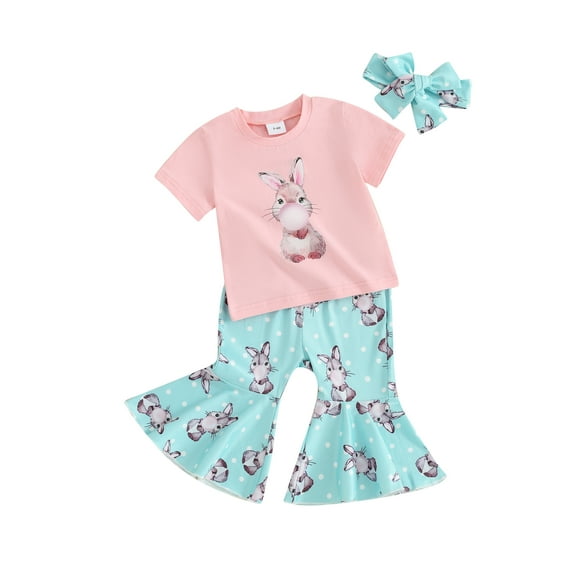 Liacowi Toddler Baby Girls Easter Clothes Set Bunny Print Short Sleeve T-shirt with Flare Pants Headband 3PCS Kids Summer Outfits