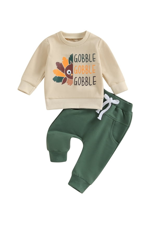 Toddler Boys Thanksgiving Outfits Baby Boys Letter Turkey Print Long Sleeve Sweatshirts Long Pants Infant 2Pcs Clothes Set 3M-3T
