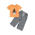 thumbnail image 1 of Liacowi Toddler Girl Halloween Clothes Witch Print Short Sleeve T-Shirt Stripe Pattern Wide Long Pants Set 12M 18M 24M 3T 4T 5T Little Girls Fall Outfit, 1 of 8