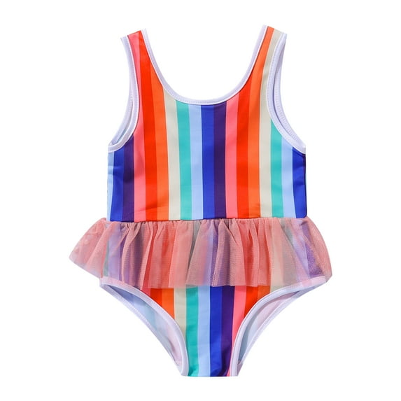 Liacowi Toddler Girl One-Piece Swimsuits Bikini Sweet Rainbow Striped Print Sleeveless Ruffled Beachwear Summer