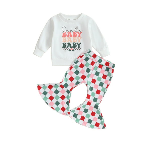 Liacowi Toddler Girls Christmas Pants Set Long Sleeve Letters Bull Print Sweatshirt Plaid Cow Print Flare Pants 6M 12M 18T 24T 3T 4T Toddler 2Pcs Fall Winter Christmas Clothes