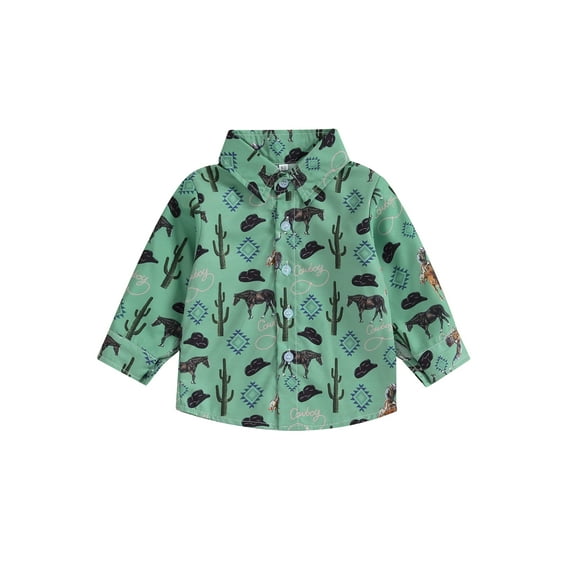 Liacowi Western Toddler Baby Boys Shirts Casual Long Sleeve Cowboy/Cactus Print Button Down Shirts Infant Cowboy Loose Fit Tops 6M-4T