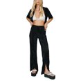 thumbnail image 1 of Liacowi  Women 2 Pcs Outfits Pants Set Button Down Loose Short Sleeve Blouses Shirt Top High Waisted Split Pants Summer Beachwear, 1 of 5