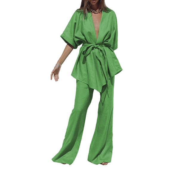 Liacowi Women 2 Piece Cotton Linen Outfits Tie Front Short Sleeve V Neck Shirt Tops Elastic High Waist Pants Beachwear Homewear