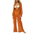 thumbnail image 1 of Liacowi Women 2 Piece Outfits See Through Long Sleeve Button Down Shirt Wide Leg Casual Pants Bikini Cover Ups, 1 of 5