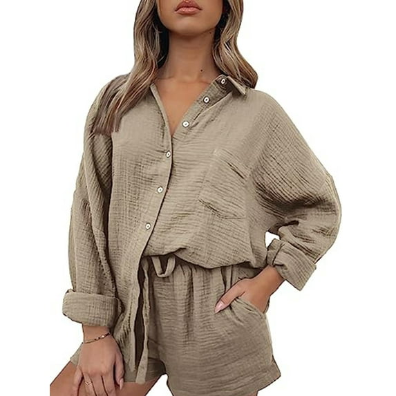 Liacowi Women 2 Piece Pajama Set Solid Color Long Sleeve Button Shirt and Shorts Soft Sleepwear Nightwear Loungewear