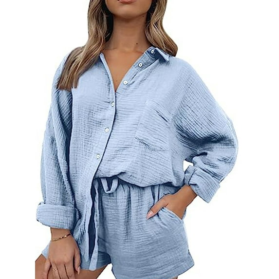 Liacowi Women 2 Piece Pajama Set Solid Color Long Sleeve Button Shirt and Shorts Soft Sleepwear Nightwear Loungewear