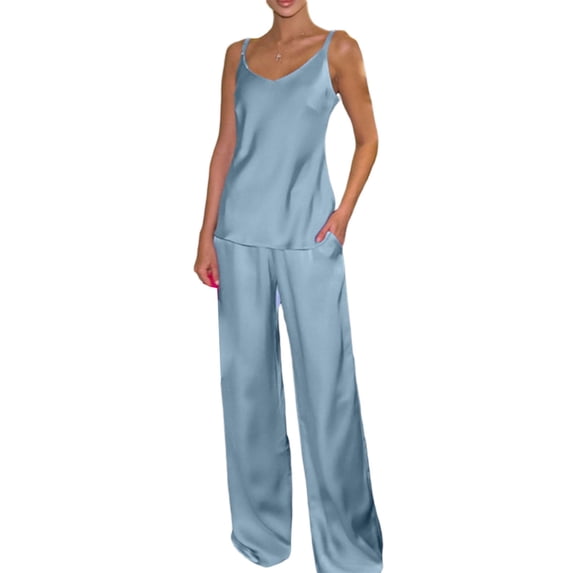 Liacowi Women 2 Piece Pajama Set Solid Color Sleeveless Camisole and Wide Legs Pants Loungewear Soft Sleepwear for Nightwear